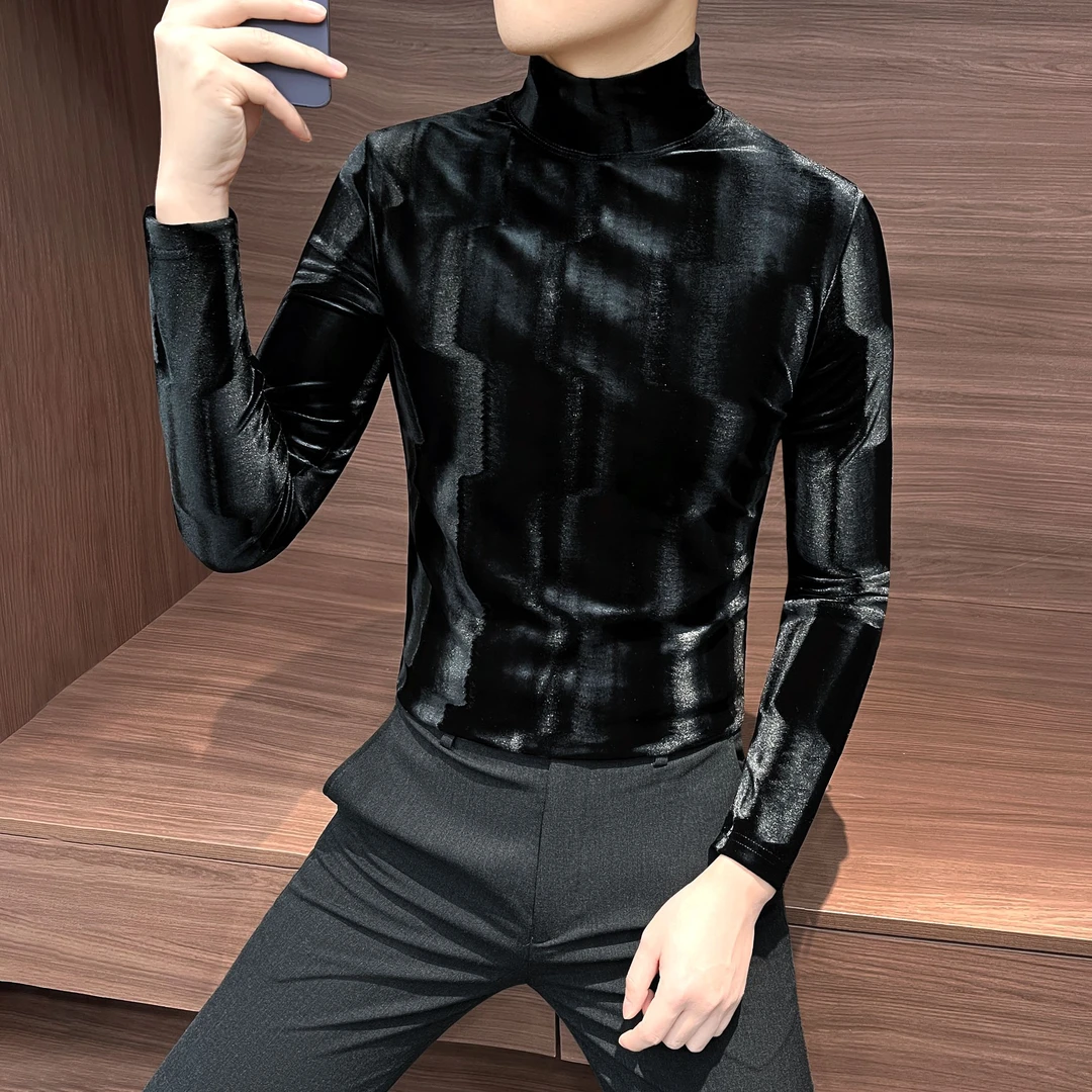 半高领金丝绒打底衫男款秋冬爆款2025新款波浪纹痞帅长袖男士T恤