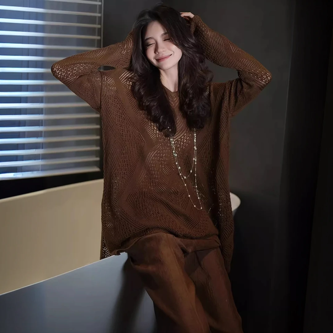 秋季巨好看的套装2025新款独特绝美咖色防晒针织罩衫阔腿裤两件套