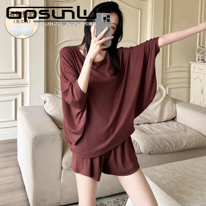 gpsunlu2025年新款睡衣女夏季带胸垫纯棉短袖短裤薄款家居服大码