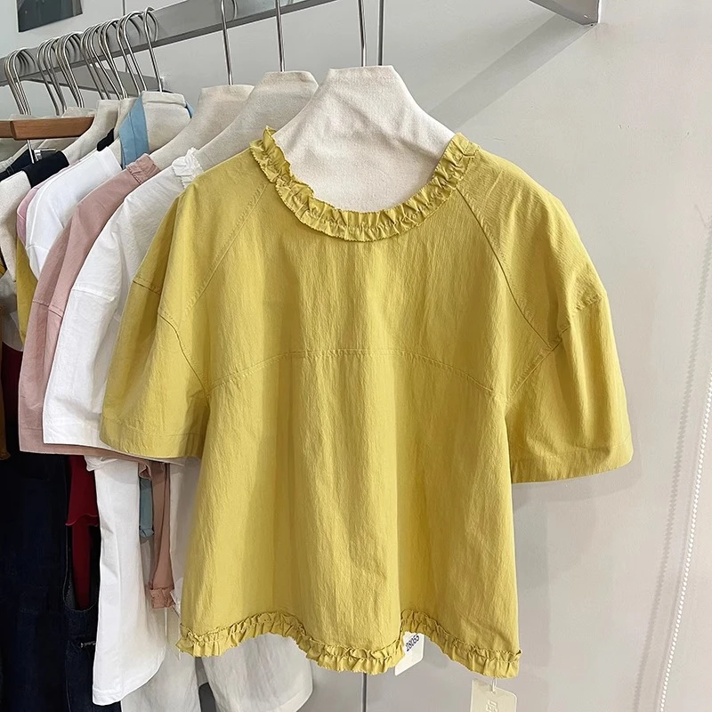 1143纯棉上衣韩系木耳边设计圆领短袖小衫女夏新款减龄泡泡袖衬衫