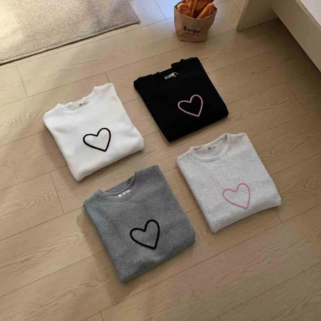 YD-韩系！爱心线条打底衫25秋冬新款中长款宽松版圆领休闲T恤女