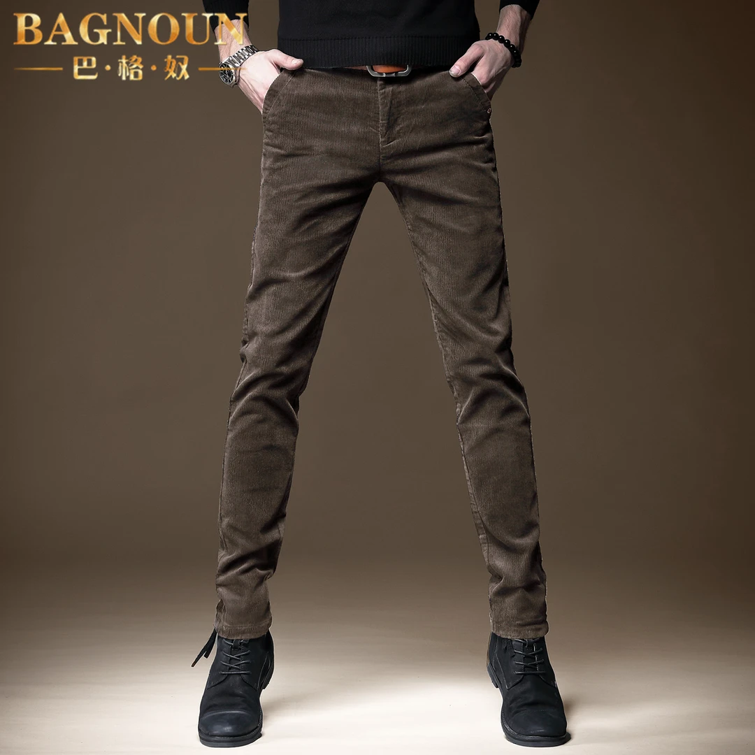 巴格奴休闲裤男士秋冬新款时尚高端灯芯绒修身小脚弹力条绒潮裤子