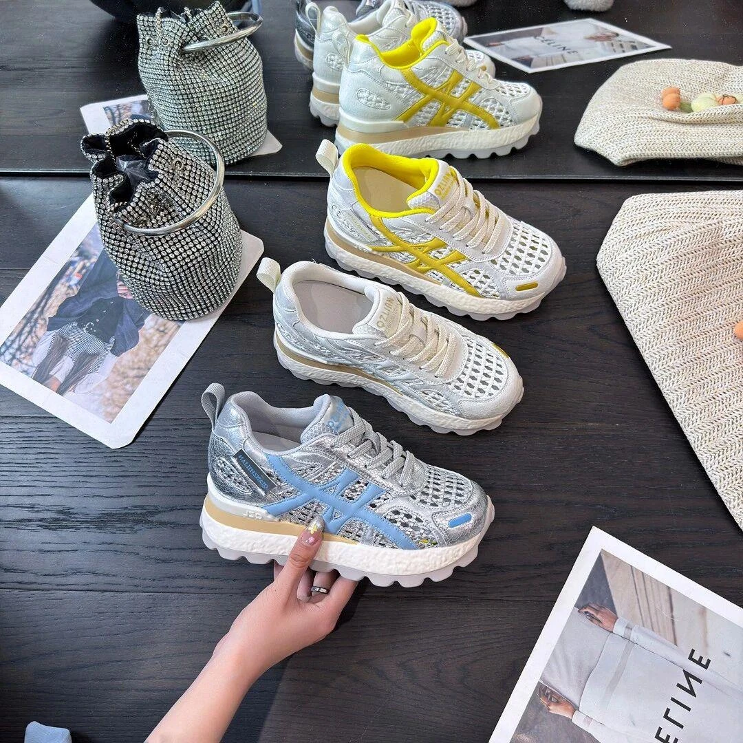 增高8CM2025夏新款轻奢爆款多巴胺百搭休闲透气女鞋网面拼色阿甘