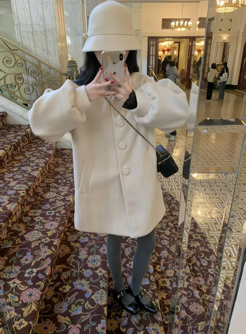 毛呢大衣外套灯笼袖小个子厚款外套
