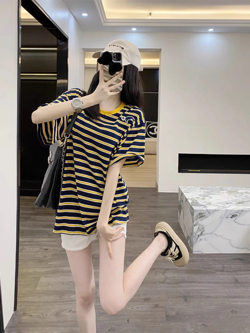 纯棉条纹休闲t恤女2025新款卡通刺绣慵懒风短袖百搭春游出行衣服