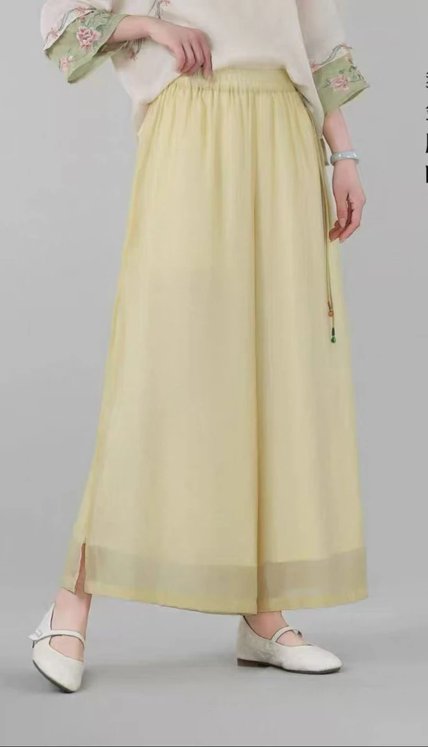 2025年新款气质复古松紧腰飘带两侧夏季开叉阔腿裤夏季文艺