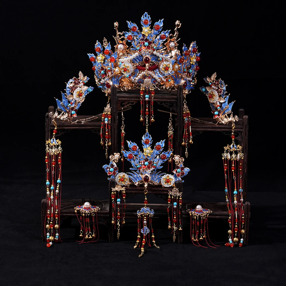 9007新娘头饰大气蓝色古风明制步摇流苏凤冠霞气质复古