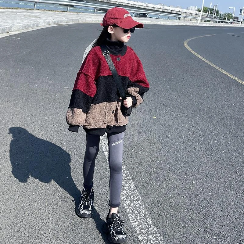 12岁女童服女童奥粒绒毛毛衣外套秋冬季女孩美拉德撞色拼接中大