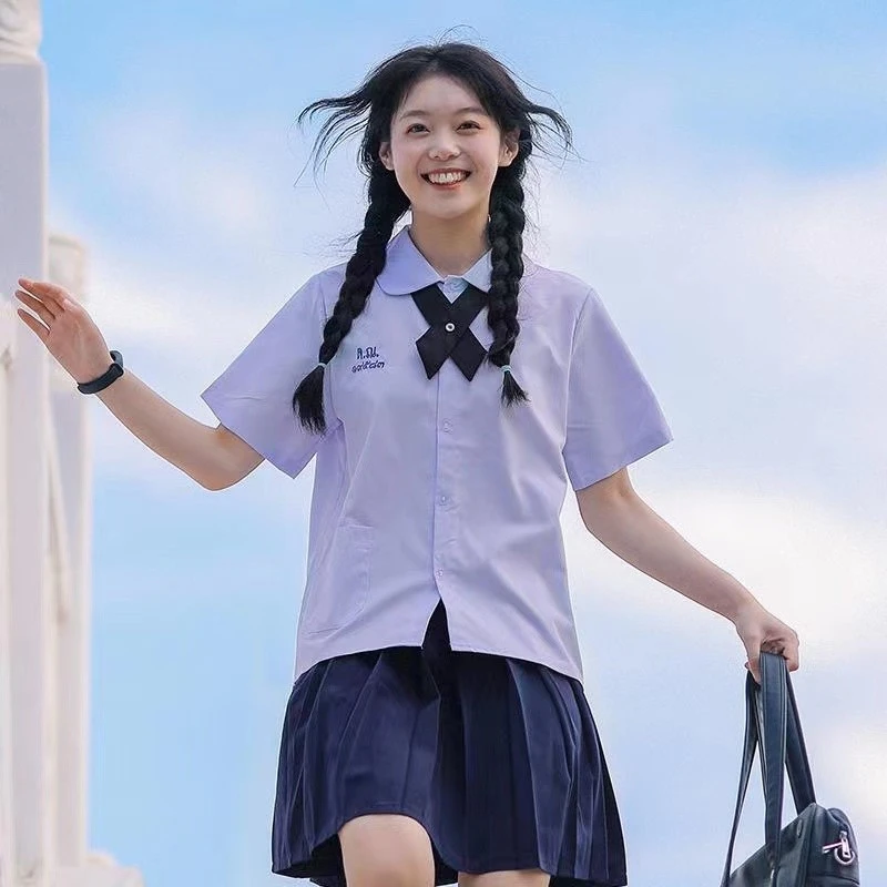 学院风5560泰国校服JK淡紫短袖衬衫百搭套装圆领娃娃领上衣少女