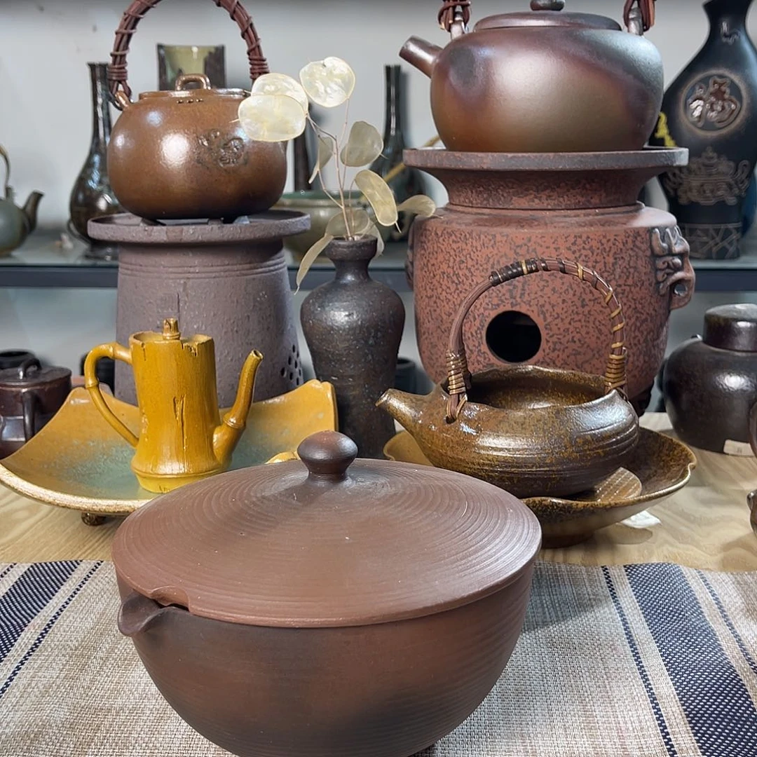 碟紫砂粗陶实用茶碗