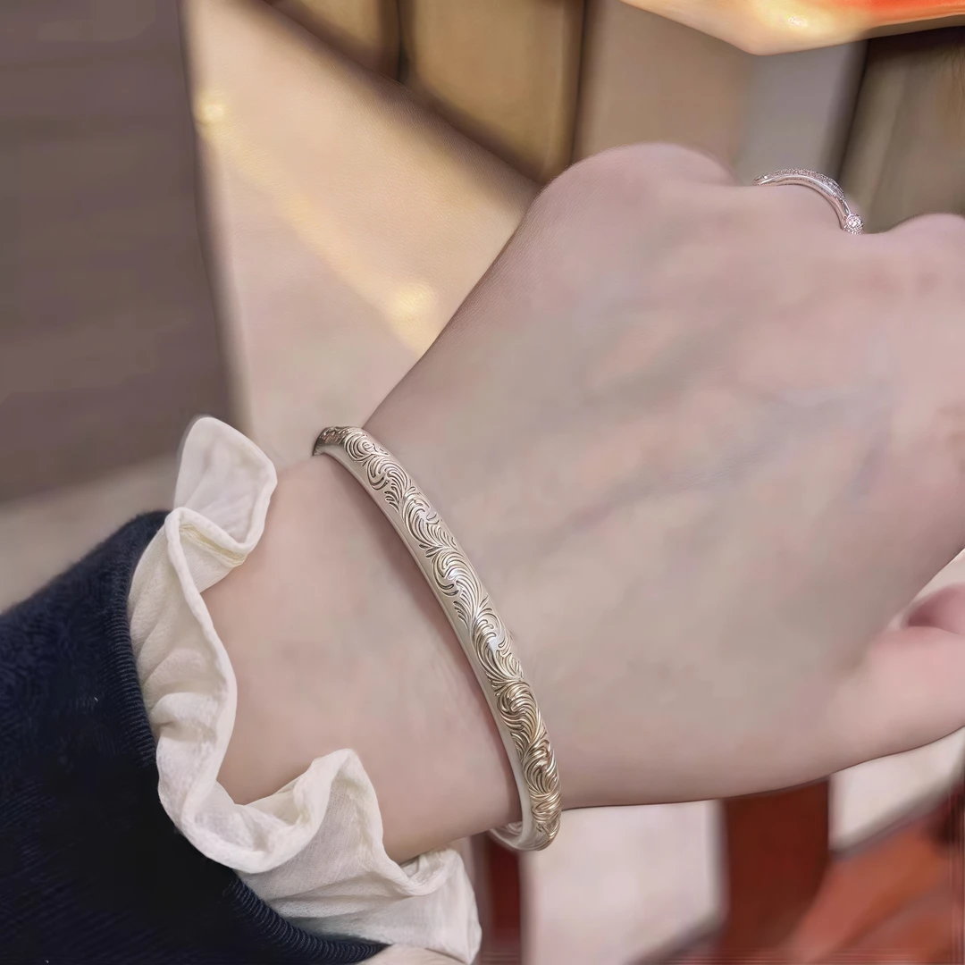 足银手镯 s999.9纯银【唐草纹心经】描金传承实心手镯镯子送妈妈