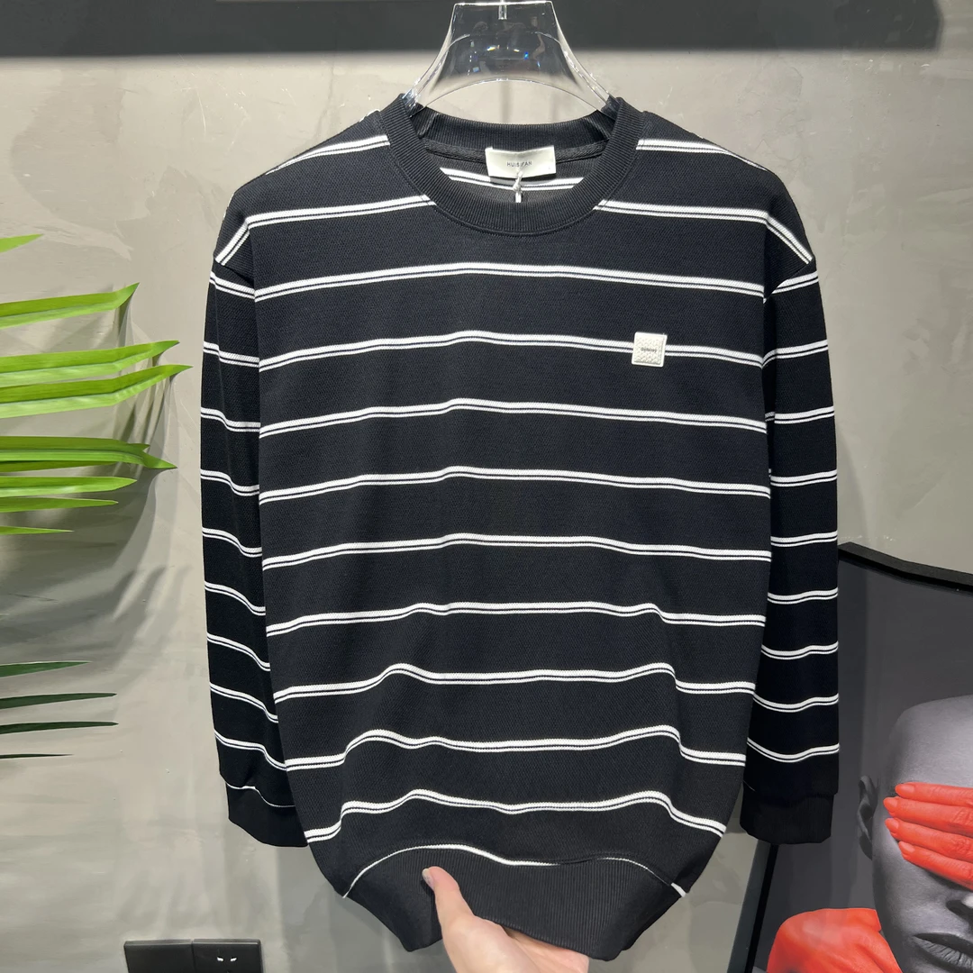 欧洲站男士秋季条纹圆领透气卫衣潮流修身欧货男套头上衣洋气百搭