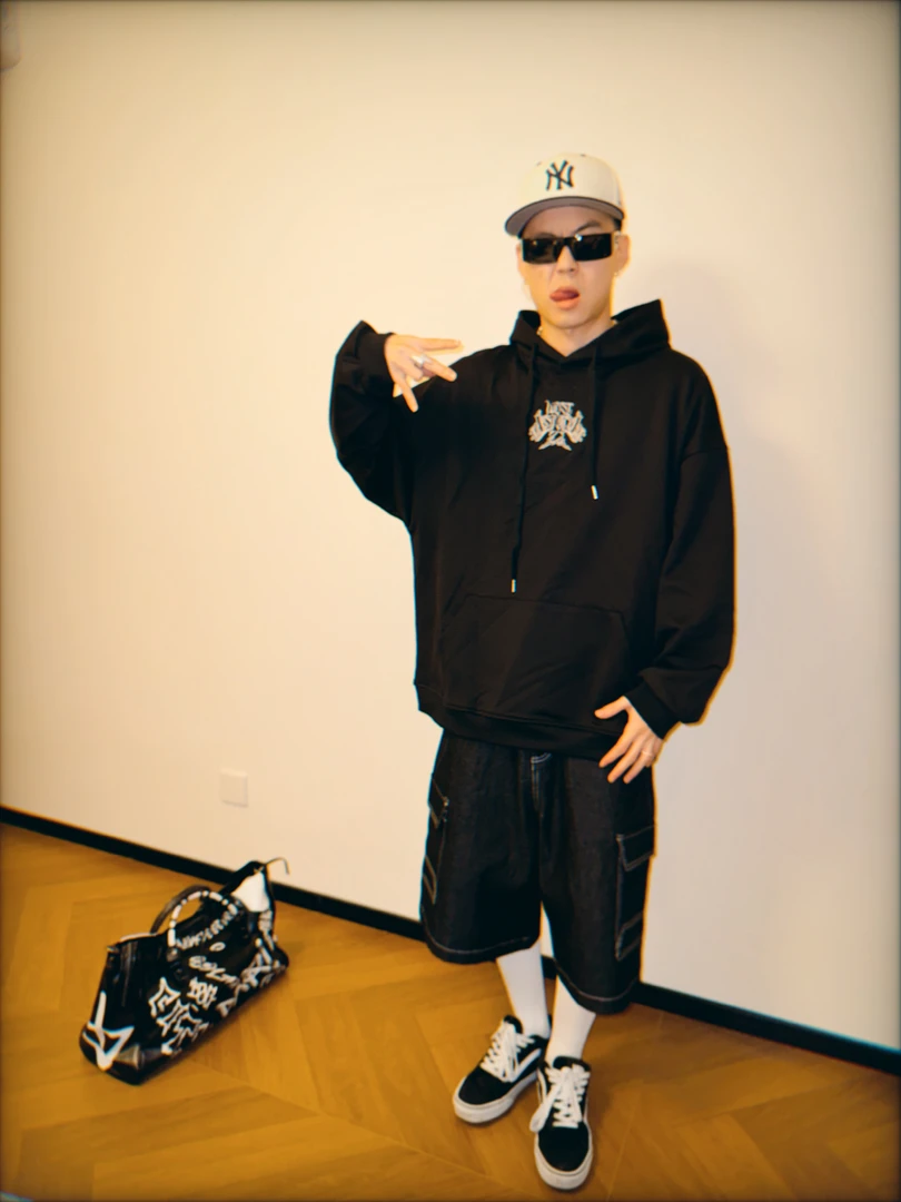 西海岸奇卡诺Chicano匪帮重工刺绣花体字毛圈底连帽卫衣