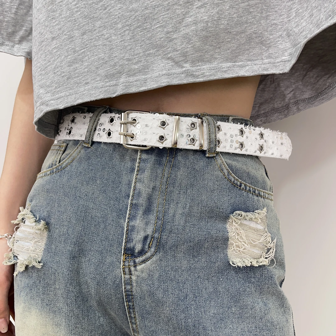 复古星星铆钉孔免打孔腰带女款牛仔布配饰y2k千禧个性百搭宽皮带