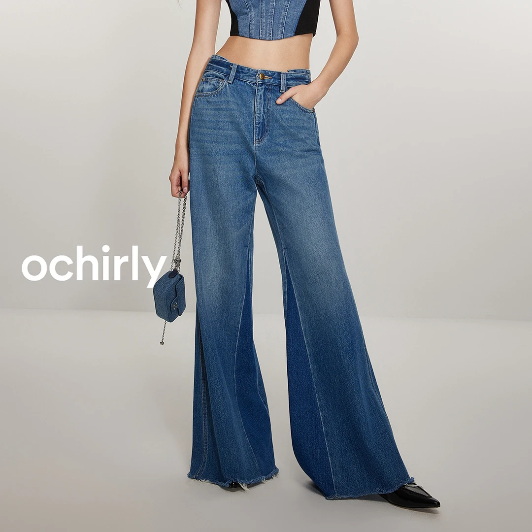 阔腿喇叭牛仔裤女欧时力垂感裤子新款宽松拖地蓝色尤莱特
