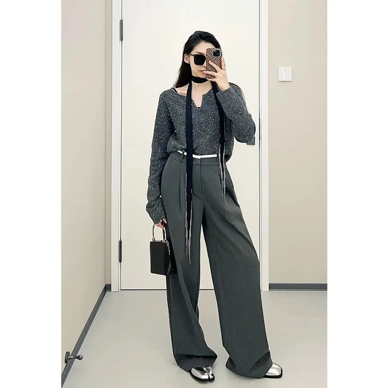 美洋MEIYANG【70系列现货】拼接艺术西装裤 拉绒通勤休闲阔腿长裤