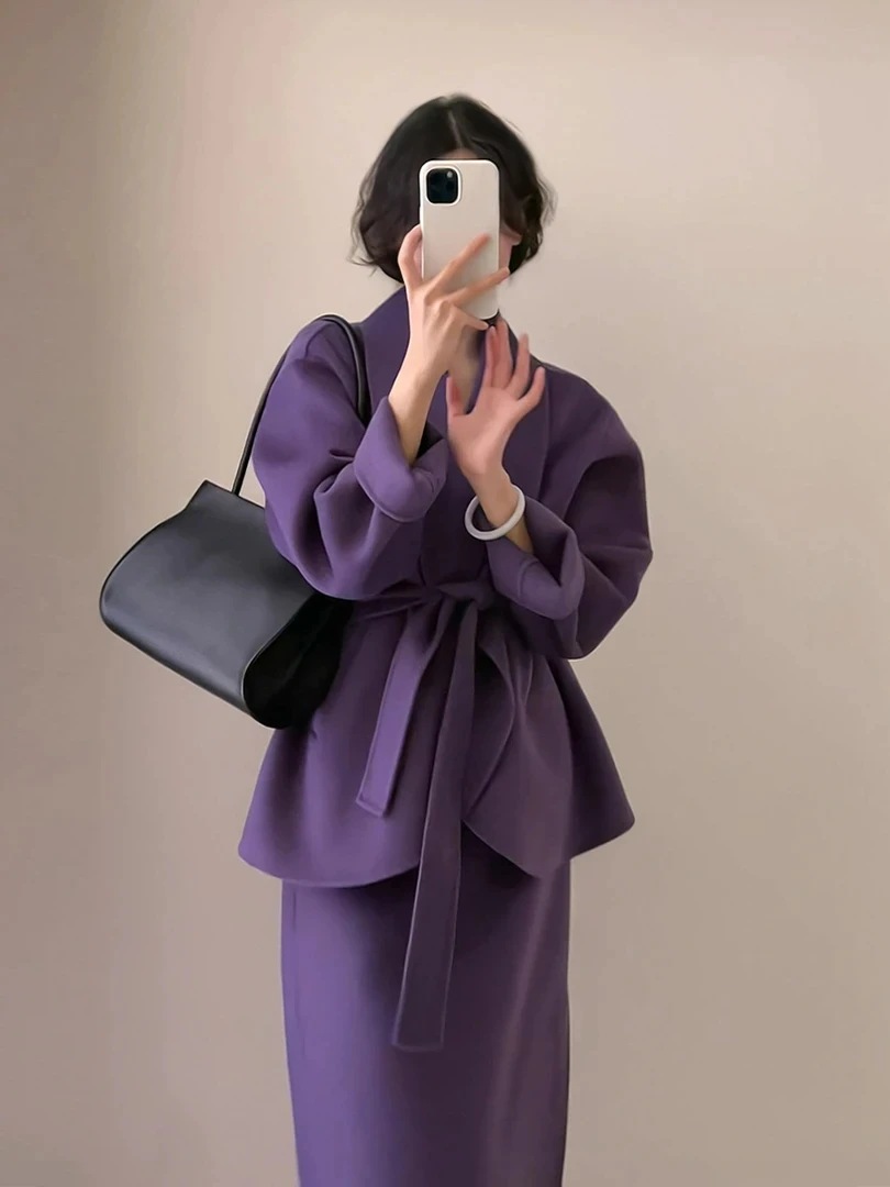 秋冬新款小香风高级感毛呢套装裙子韩版chic复古紫色大衣两件套女