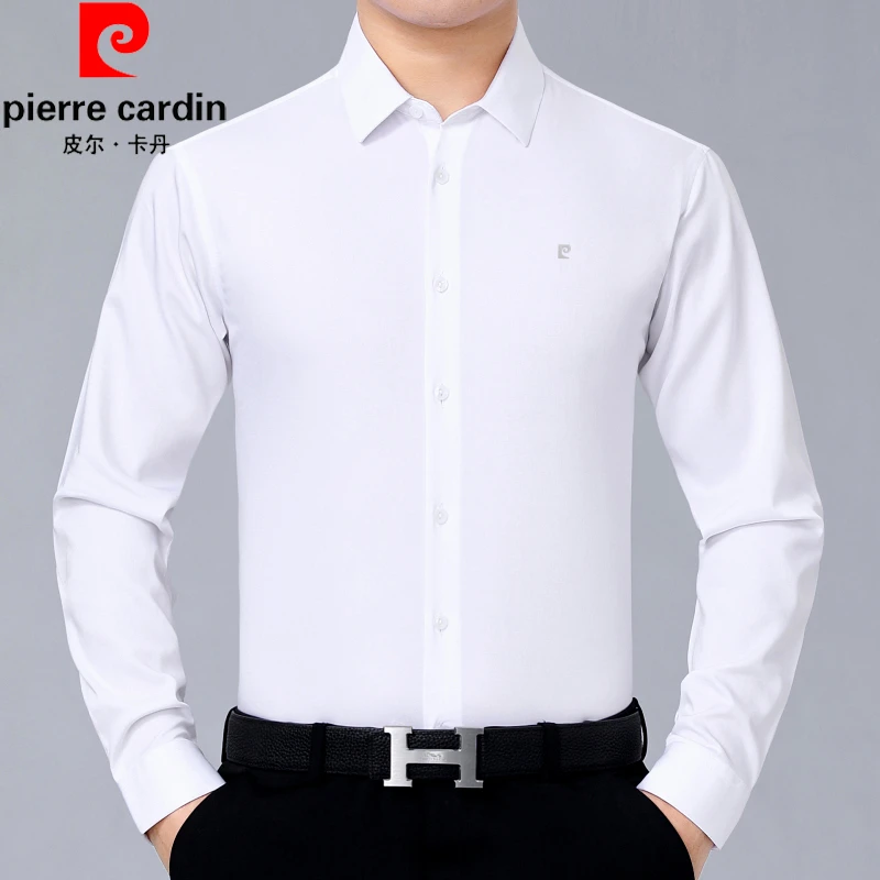 皮尔卡丹商务休闲男士衬衫春季职业正装蚕桑丝长袖白衬衣薄款免烫