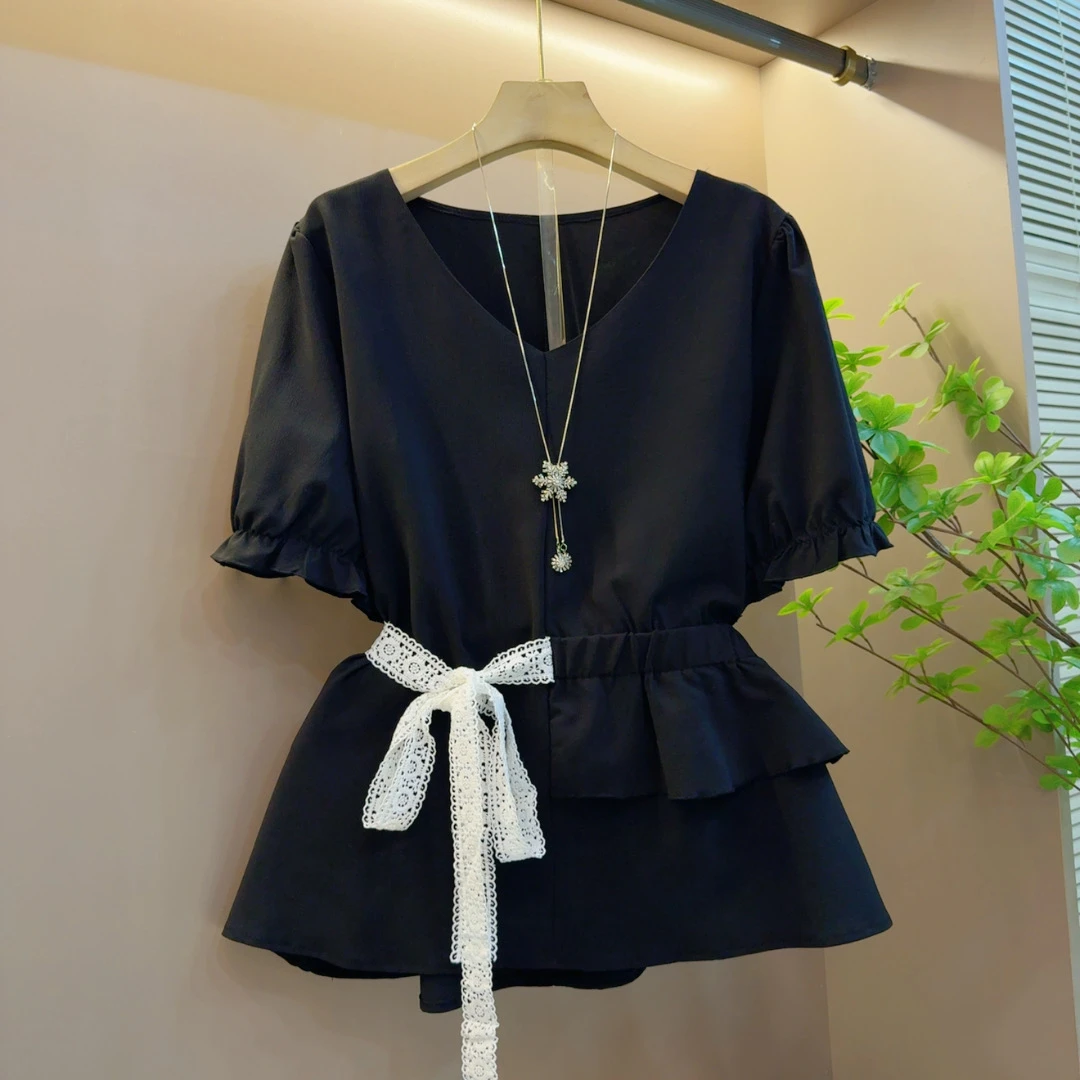 法式圆领绑带休闲夏季重工不对称设计感百搭韩版上衣（长63左右）