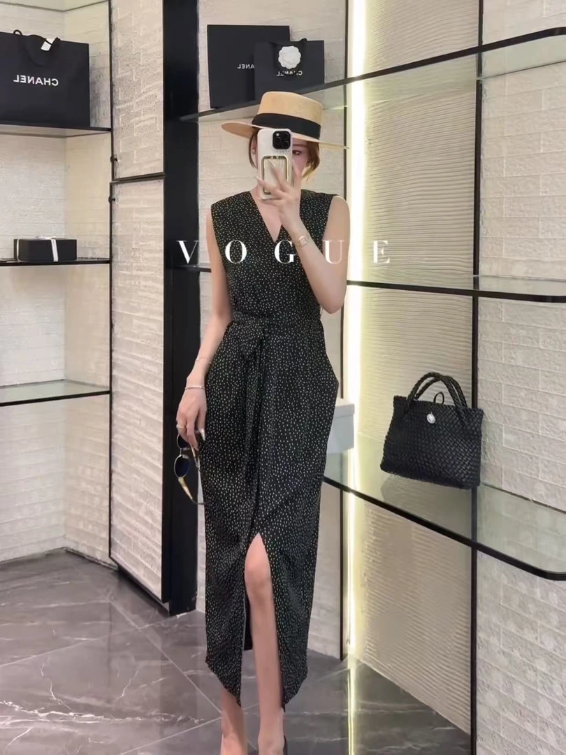 M胸92-120长125V领波点下开叉气质显瘦连衣裙温柔高级感 1473