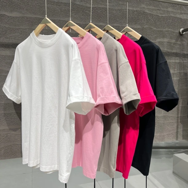 男女重磅320g简约阔版纯棉百搭圆领短袖T恤 磨破工艺661