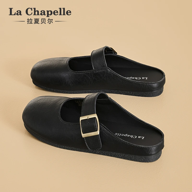 拉夏贝尔包头拖防滑黑色休闲圆头平底软底英伦风玛丽珍鞋小皮鞋