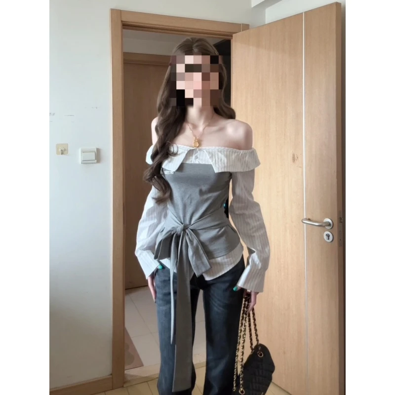 MARIE.COCO时尚独特设计感拼接一字肩上衣早秋季修身牛仔裤两件套