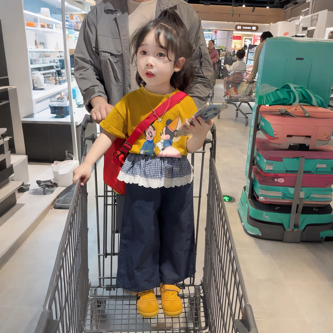 韩国童装女童趣味米奇短袖T恤2025儿童韩版百搭甜美可爱花边裤子