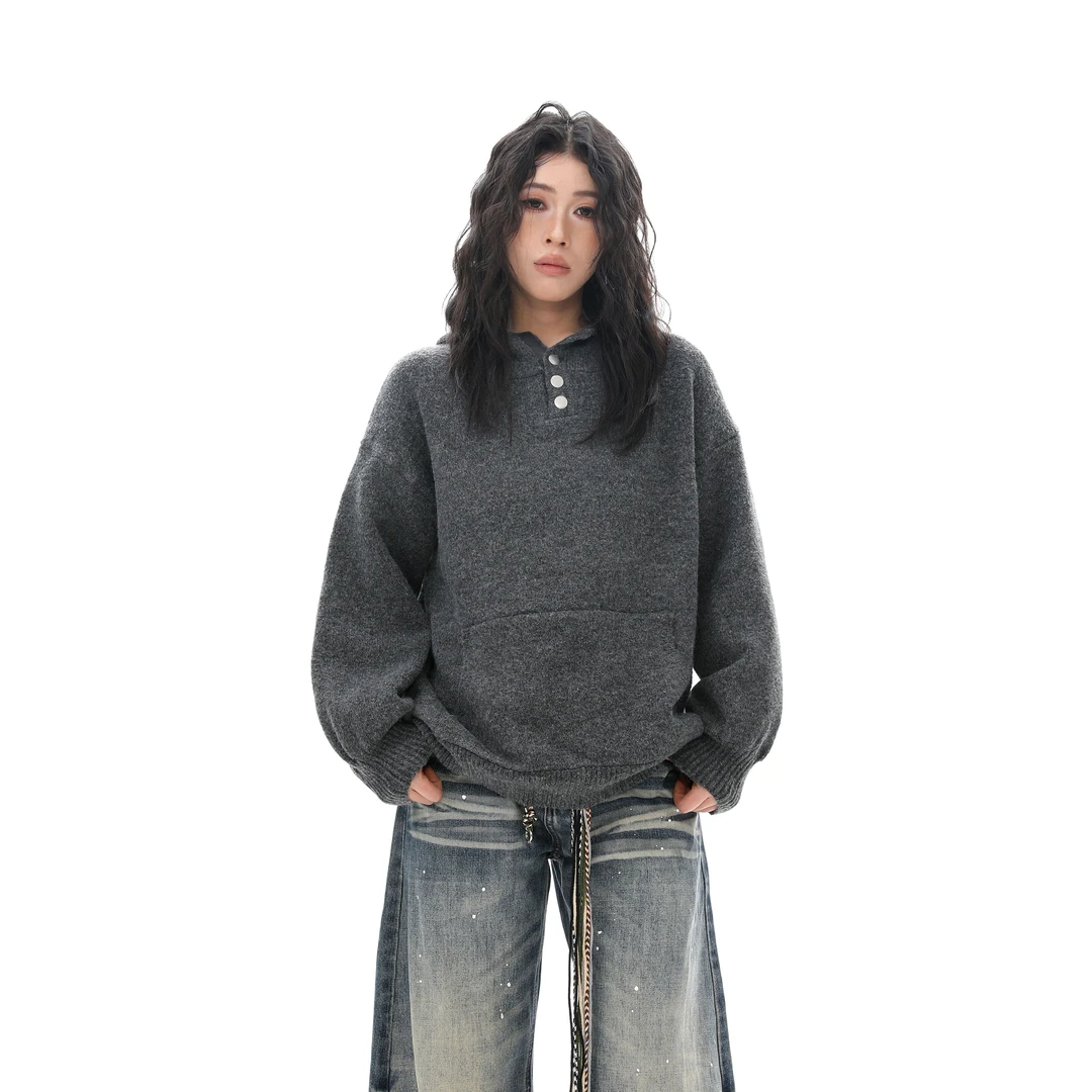 J LONE高级感排扣连帽毛衣男女秋冬宽松慵懒感cleanfit针织衫外套