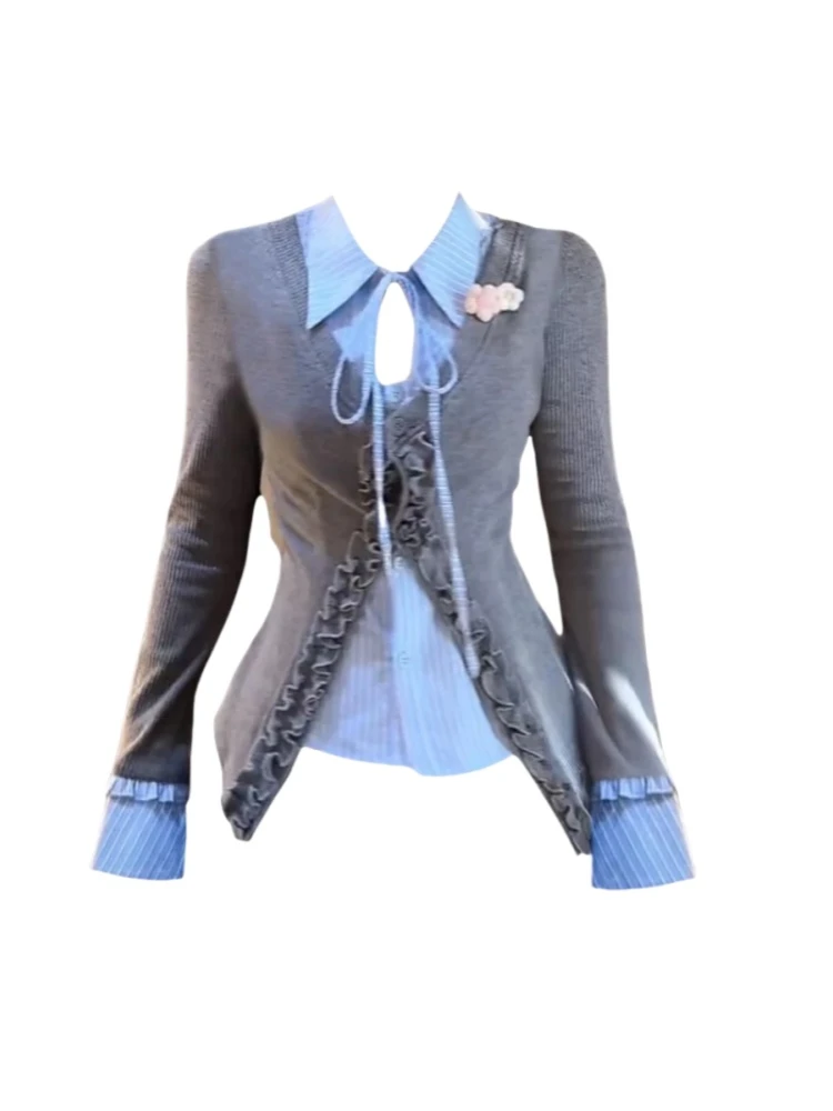 微胖mm纯欲辣妹通勤风假两件长袖衬衫女春秋百搭拼接显瘦别致上衣