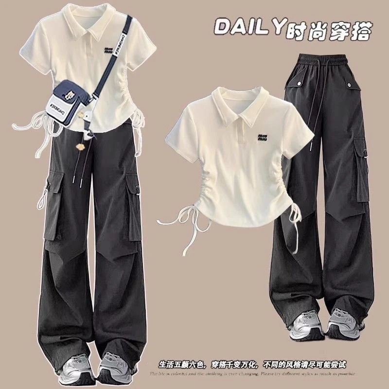 少女夏装2025新款POLO领抽绳短袖t恤初中高中学生洋气学院风套装