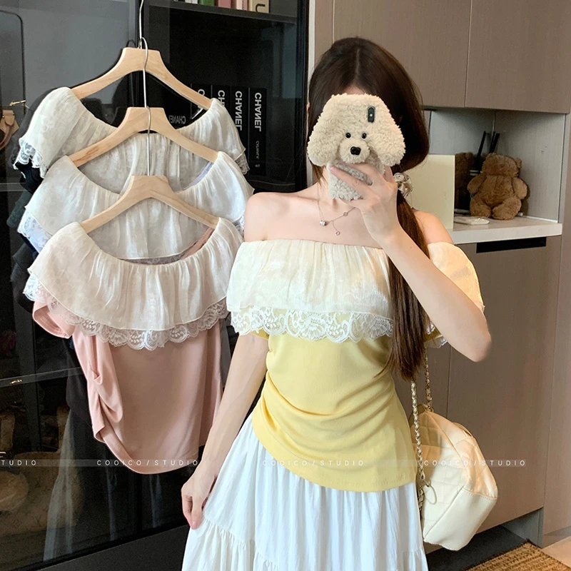 【6758】大码女装胖mm荷叶边拼接蕾丝一字肩短袖t恤显瘦露肩上衣