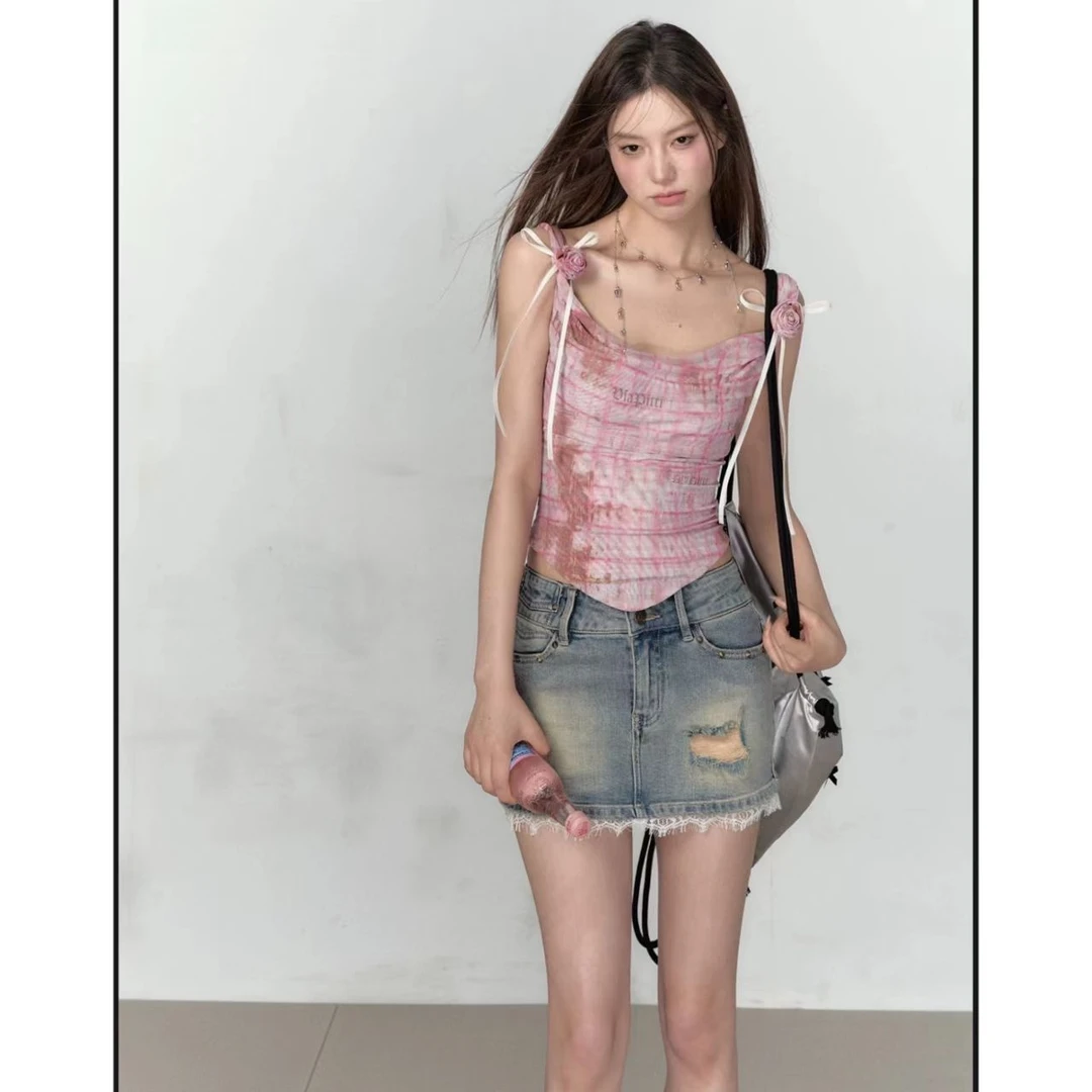 曼曼【玫瑰呓语】 吊带一字肩薄款网纱设计感玫瑰花辣妹上衣