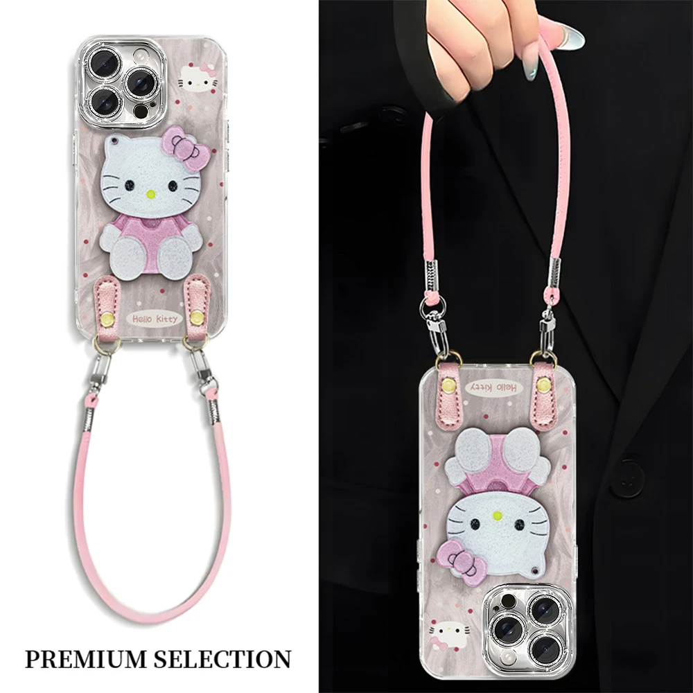 粉色翻镜子kitty猫适用于iPhone16创意华为Mate70手提斜挎手机壳