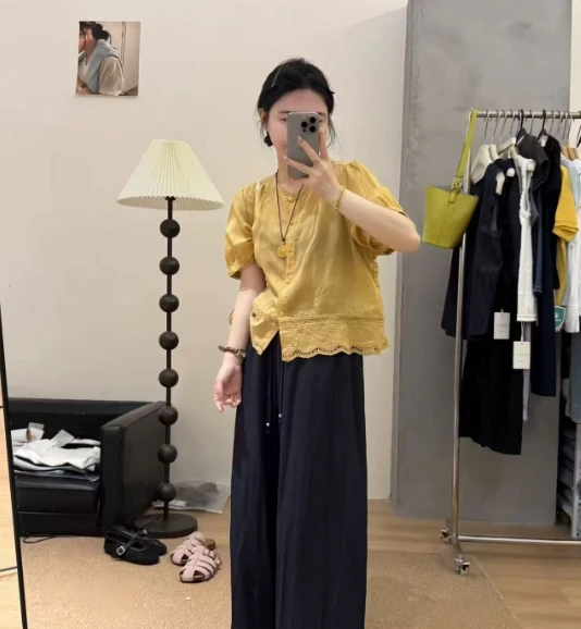 【运费补贴】032新款韩版宽松休闲百搭圆领短袖蕾丝衬衫女百搭上衣