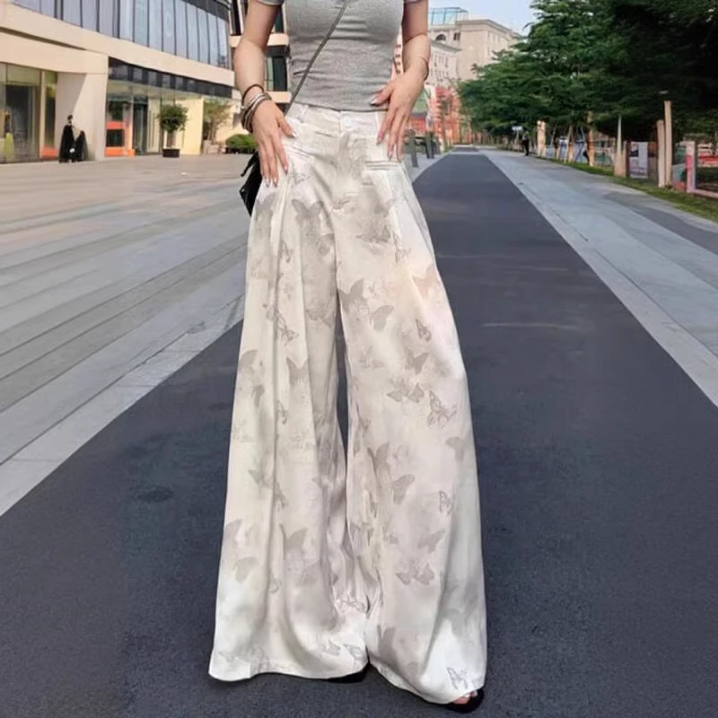 水墨蝴蝶印花阔腿裤女西装裤裙裤春秋拖地裤冰丝垂感国风加长裤子
