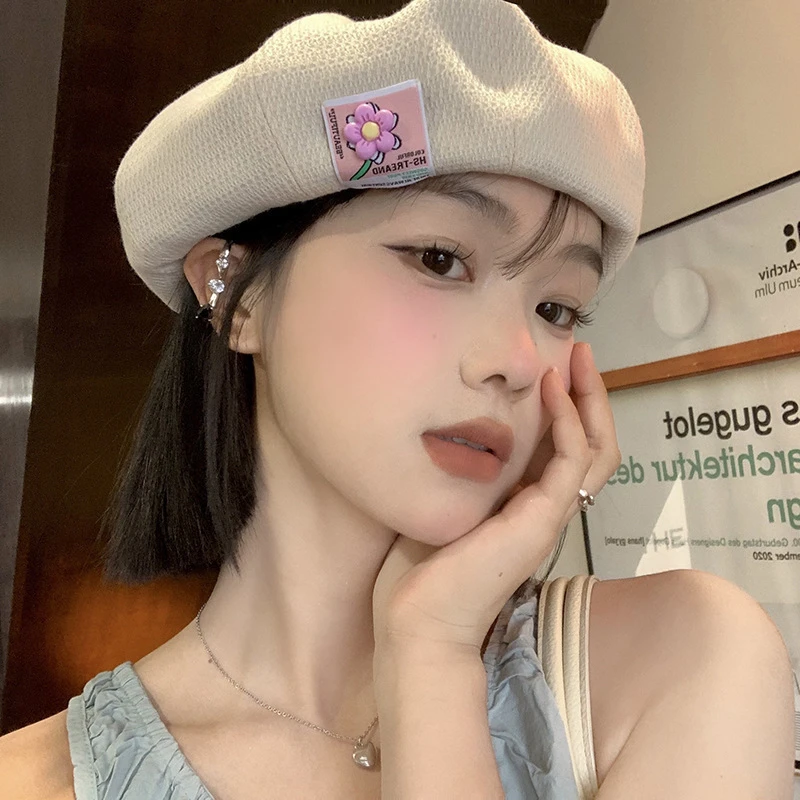 大头围显脸小贝雷帽春秋帽子ins自然针织秋季花朵百搭网红时尚