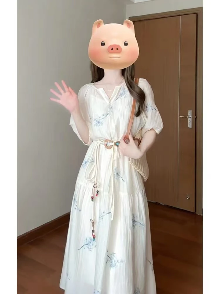 【159-299】碎花长裙淑女女装拉链连衣裙印花夏季A字裙V领