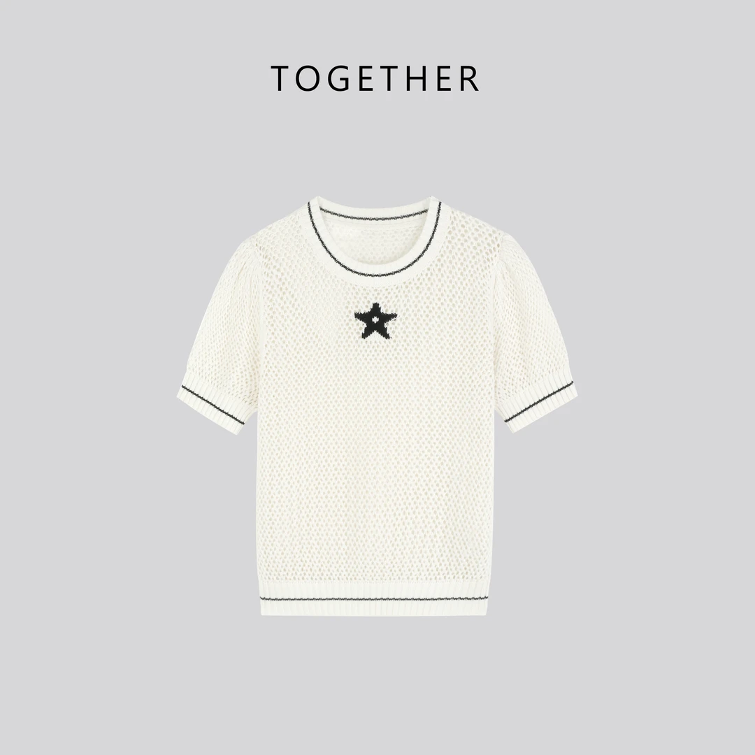 【Together】 · · 夏季圆领刺绣五角星镂空T恤短袖#W1520