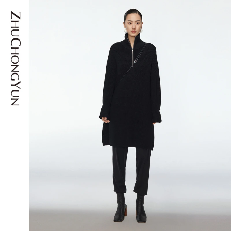 【心心精选】ZHUCHONGYUN通勤简约高领拉链宽松纯绵羊毛针织衫