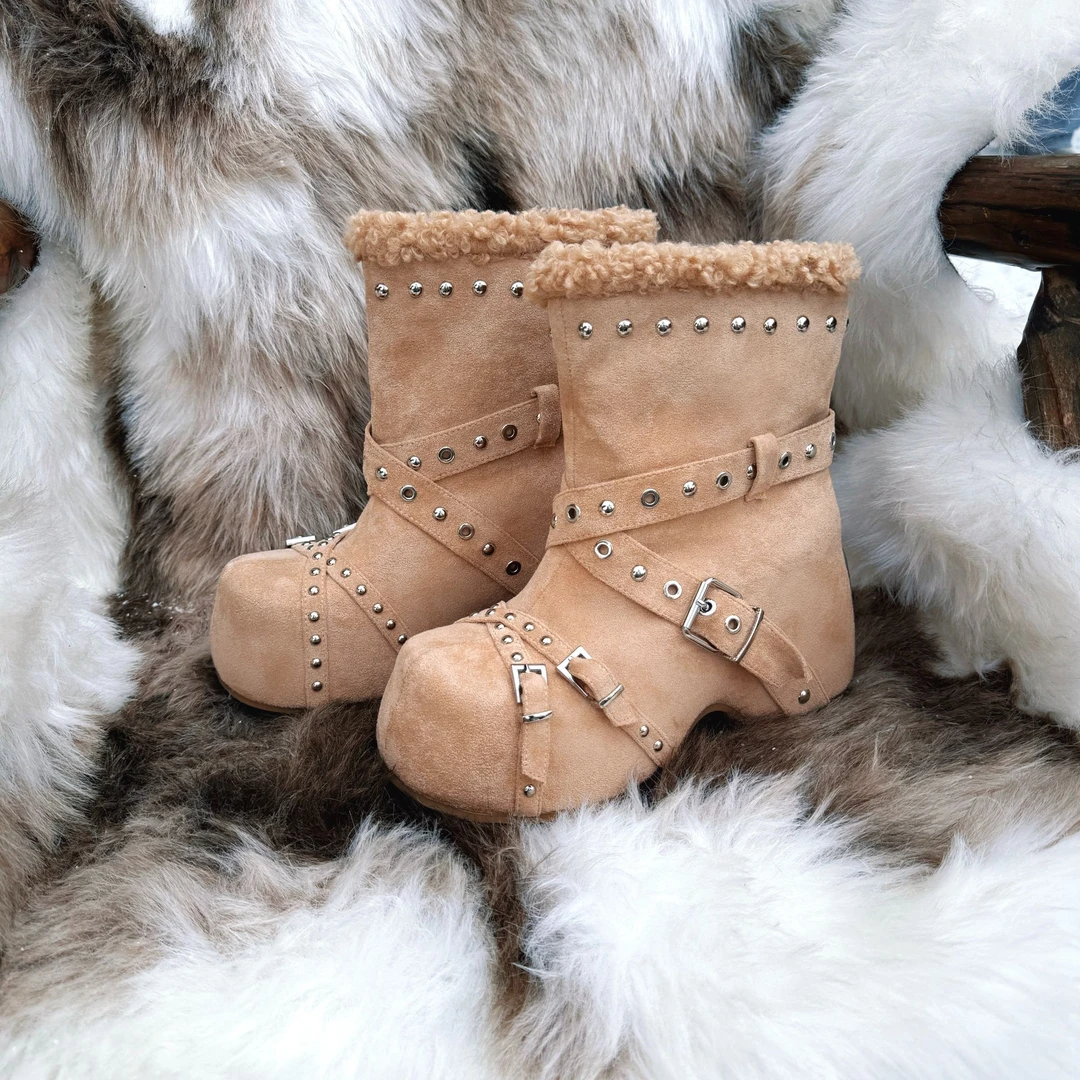 UNICORN BLOOD复古铆钉皮带扣厚底雪地靴新款秋冬内增高加绒勃肯