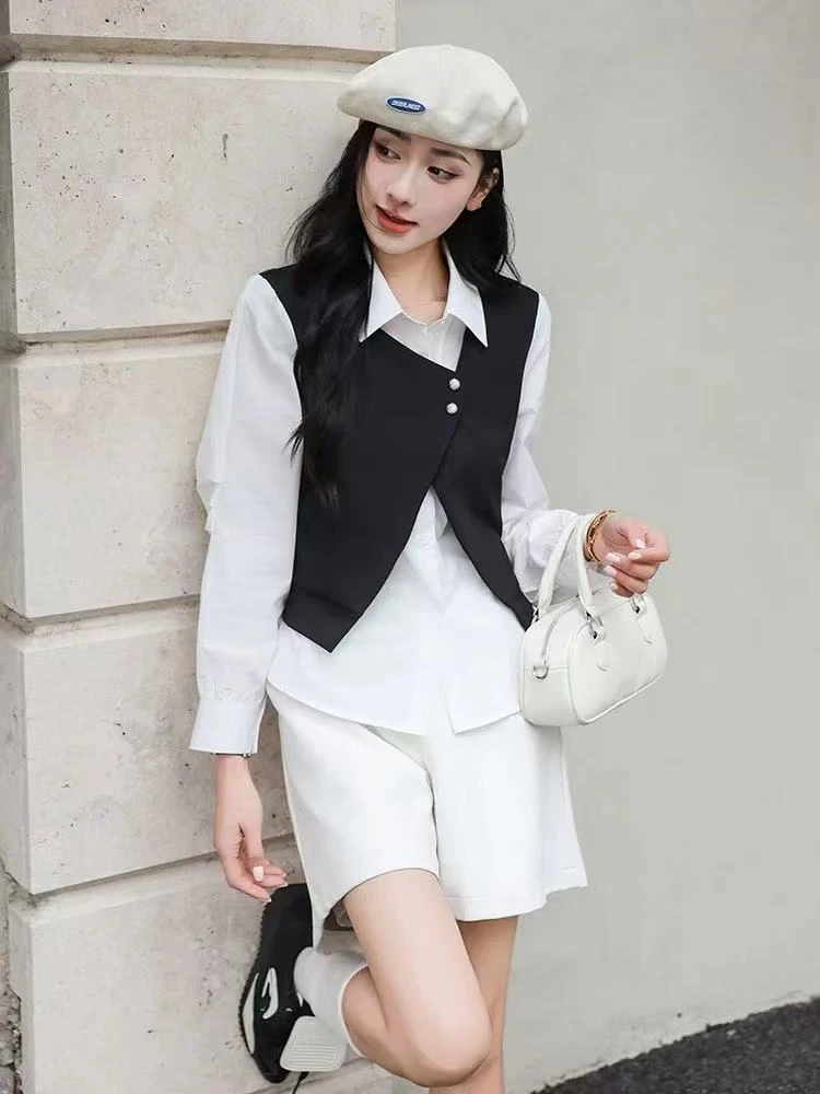 【慕妍专属】8810（衣长60）POLO领设计感新针织拼接马甲假两件衬衫