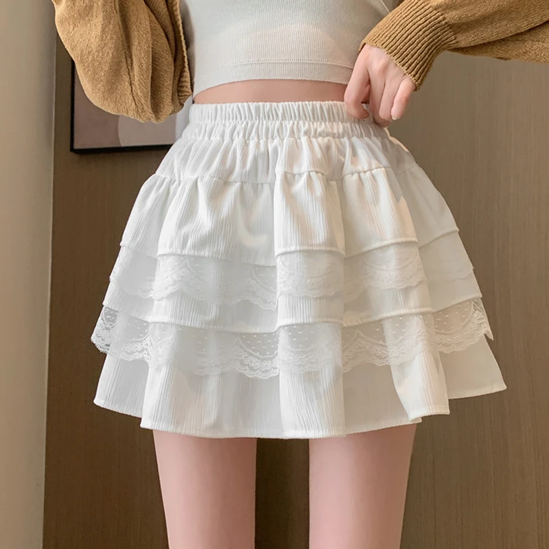 甜美高腰蕾丝蛋糕裙女春季夏季新款杏色防走光A字半身裙短裙白色