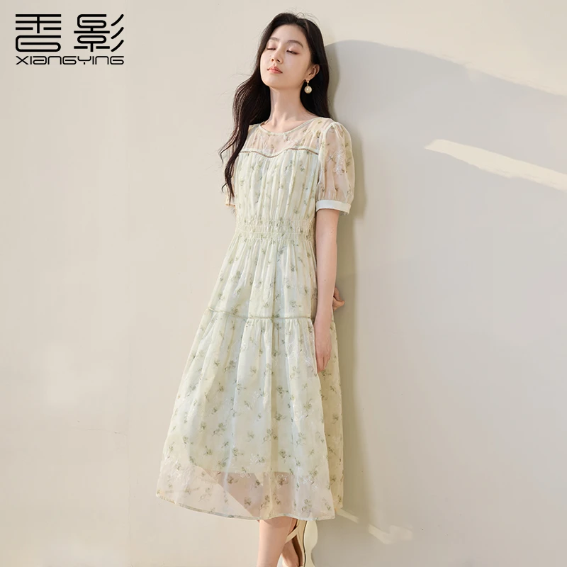 L85S465连衣裙 香影法式印染连衣裙女夏季新款气质泡泡袖碎花裙