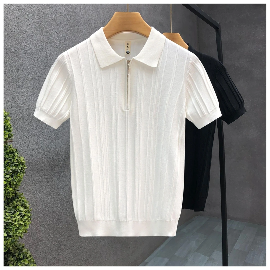 轻奢高级针织冰丝短袖轻熟风条纹半拉链POLO衫男夏季修身纯色T恤