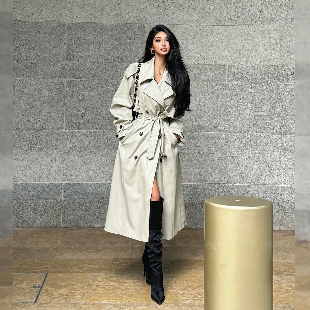 HELEN/英伦风双排扣风衣女中长款立体廓形收腰系带气质皮衣WT121