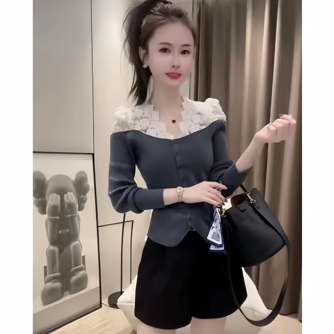 V领蕾丝钩花拼接单排扣长袖针织开衫女韩版气质显瘦打底衫上衣潮