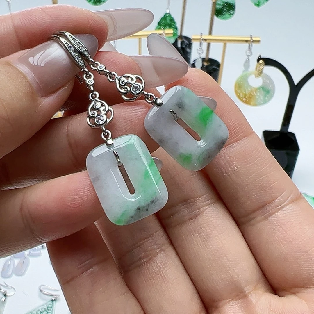 银S925镶嵌翡翠耳饰天然缅甸A货翡翠