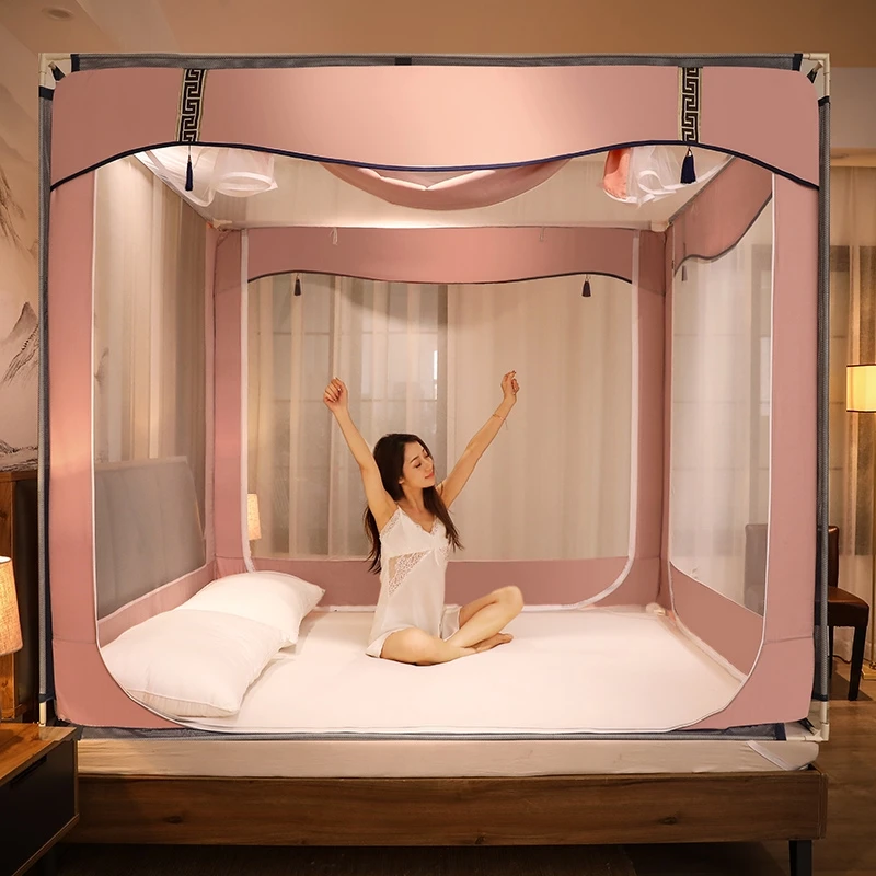 家用卧室防蚊加厚全封闭防掉三开门外穿中式坐床全底防摔蚊帐青