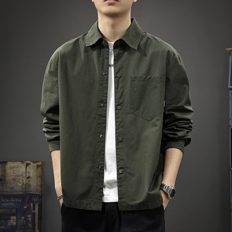 美式2025上衣长袖衬衫男春季新款复古男士衬衣宽松纯棉休闲外套潮